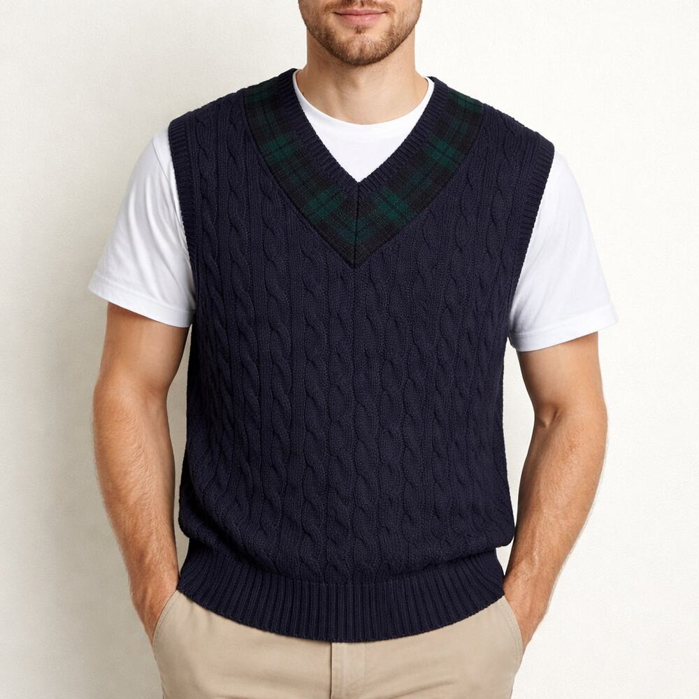 Gap Cable-Knit Vest Men's Size L Navy Cotton Vintage Chunky Preppy Casual Tennis